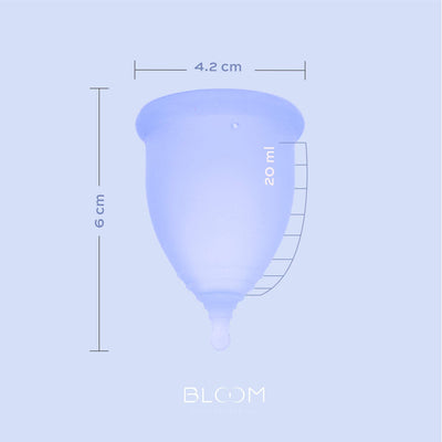 Dimensiones de la copa menstrual BLOOM corta, azul, copa menstrual