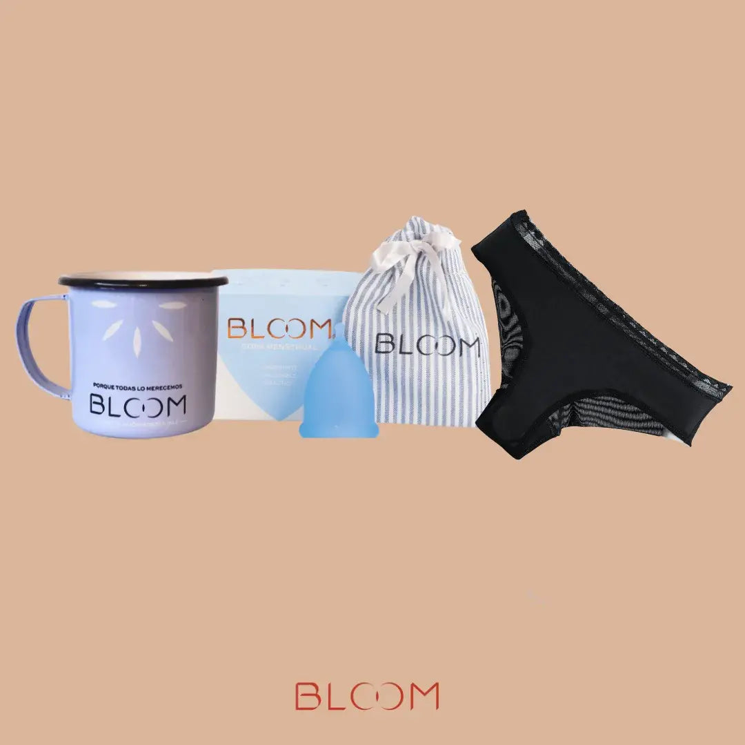 Kit copa menstrual BLOOM corta, ollita esmaltada y calzón absorbente tipo cachetero